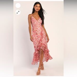 Lulus always enchanting pink metallic ruffled high low dress